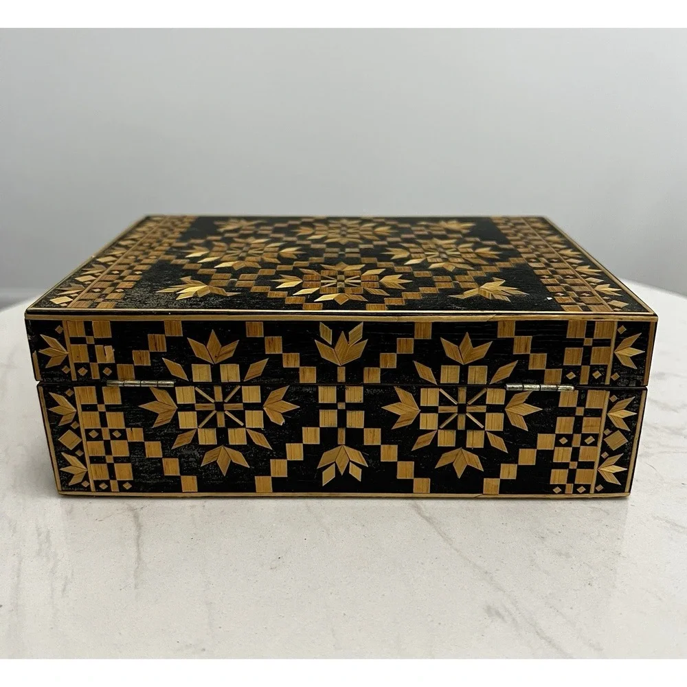 Vtg USSR Straw Marquetry Inlay Wood Jewelry Trinket Box Russia Folk‎ Art Boho